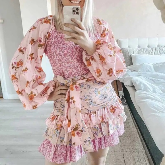 Boho Floral print Tiered Ruffle Hem Balloon Sleeve Belted Dress - Picture 6 of 10